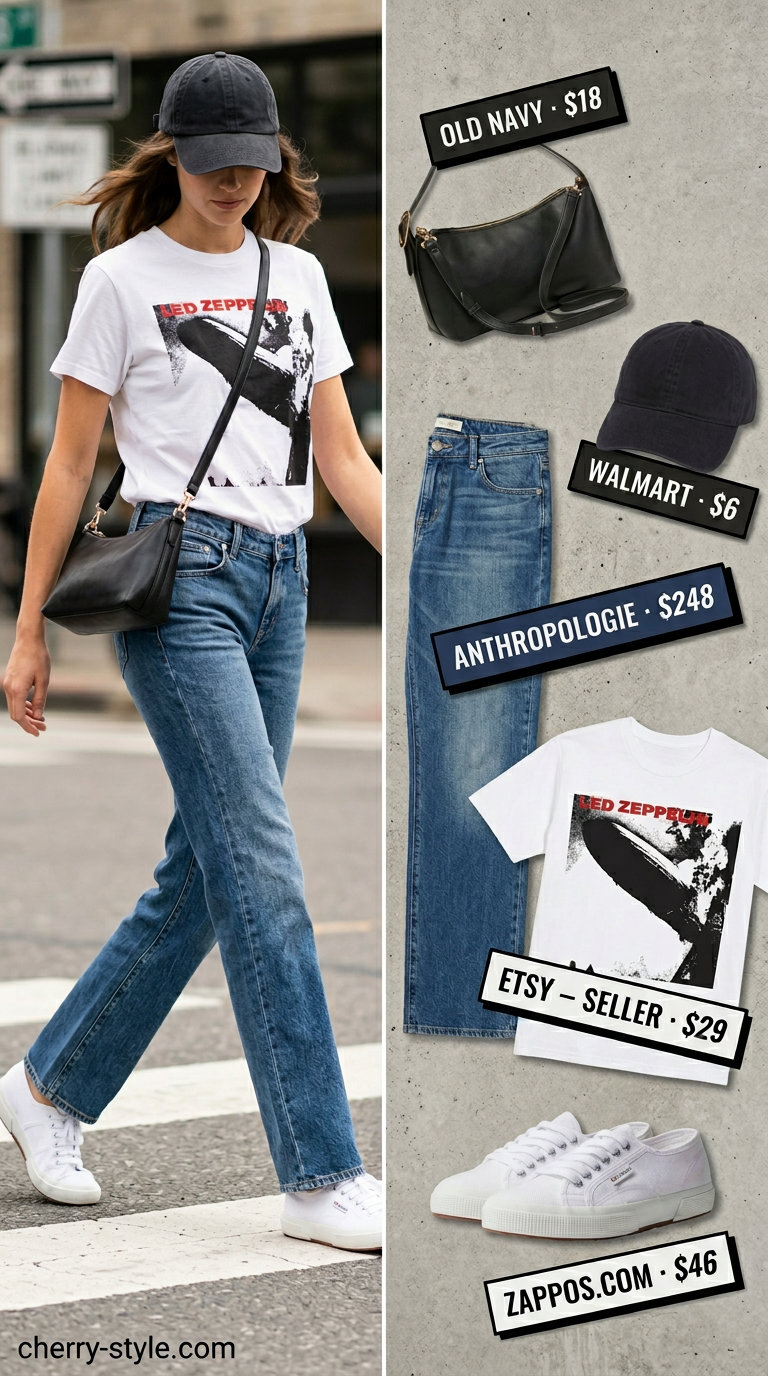 Retro summer outfit with light wash low-waist denim trousers and graphic tee for women 2026.