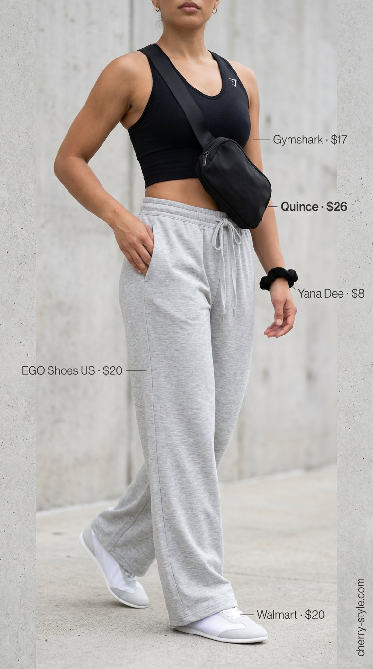 Sporty chic outfit with light grey low-waist drawstring trousers and black crop top for women 2026.