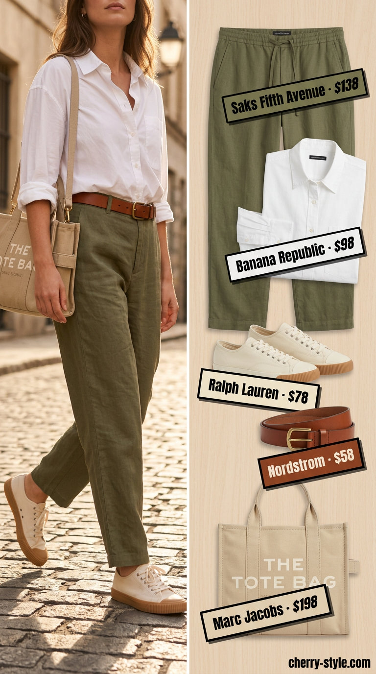 Casual weekend outfit with olive green low-waist linen trousers, white shirt for women 2026.