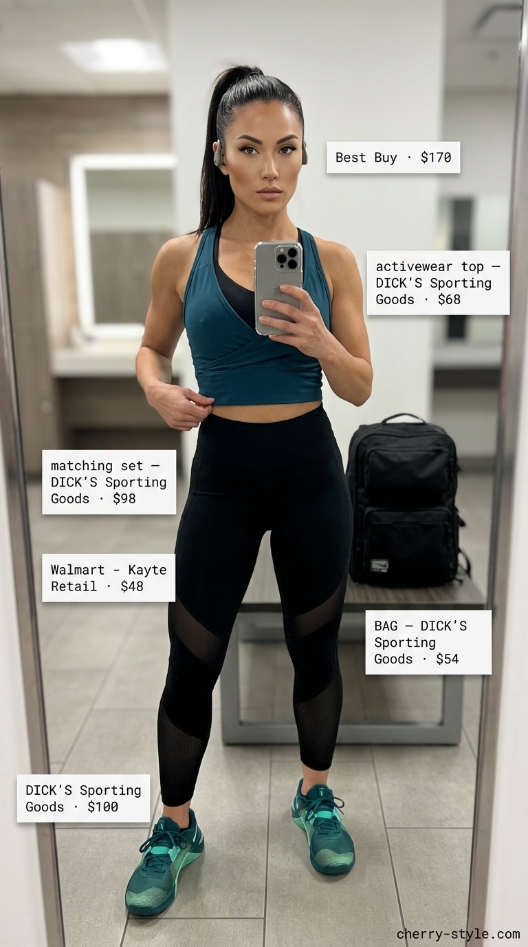 Deep teal matching set activewear for women 2026: high-impact sports bra, mesh leggings, gym backpack.