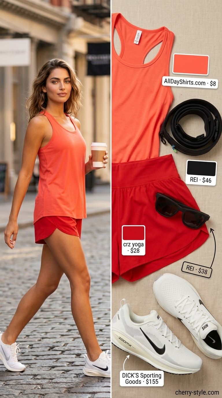 Coral matching set activewear for women 2026: racerback tank & athletic shorts.