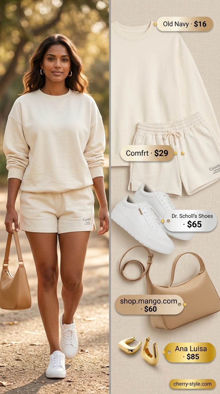Creamy off-white matching set activewear for women 2026: fleece shorts & oversized sweatshirt.