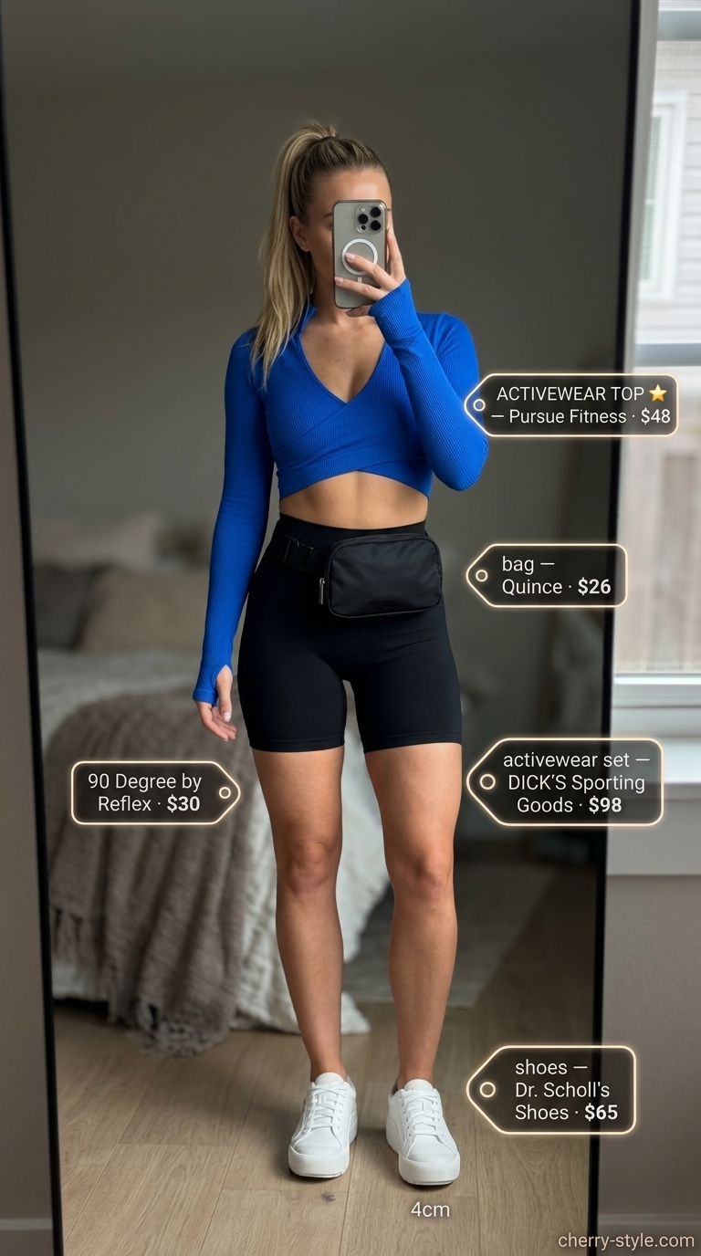 Electric blue matching set activewear for women 2026: quarter-zip top & biker shorts.