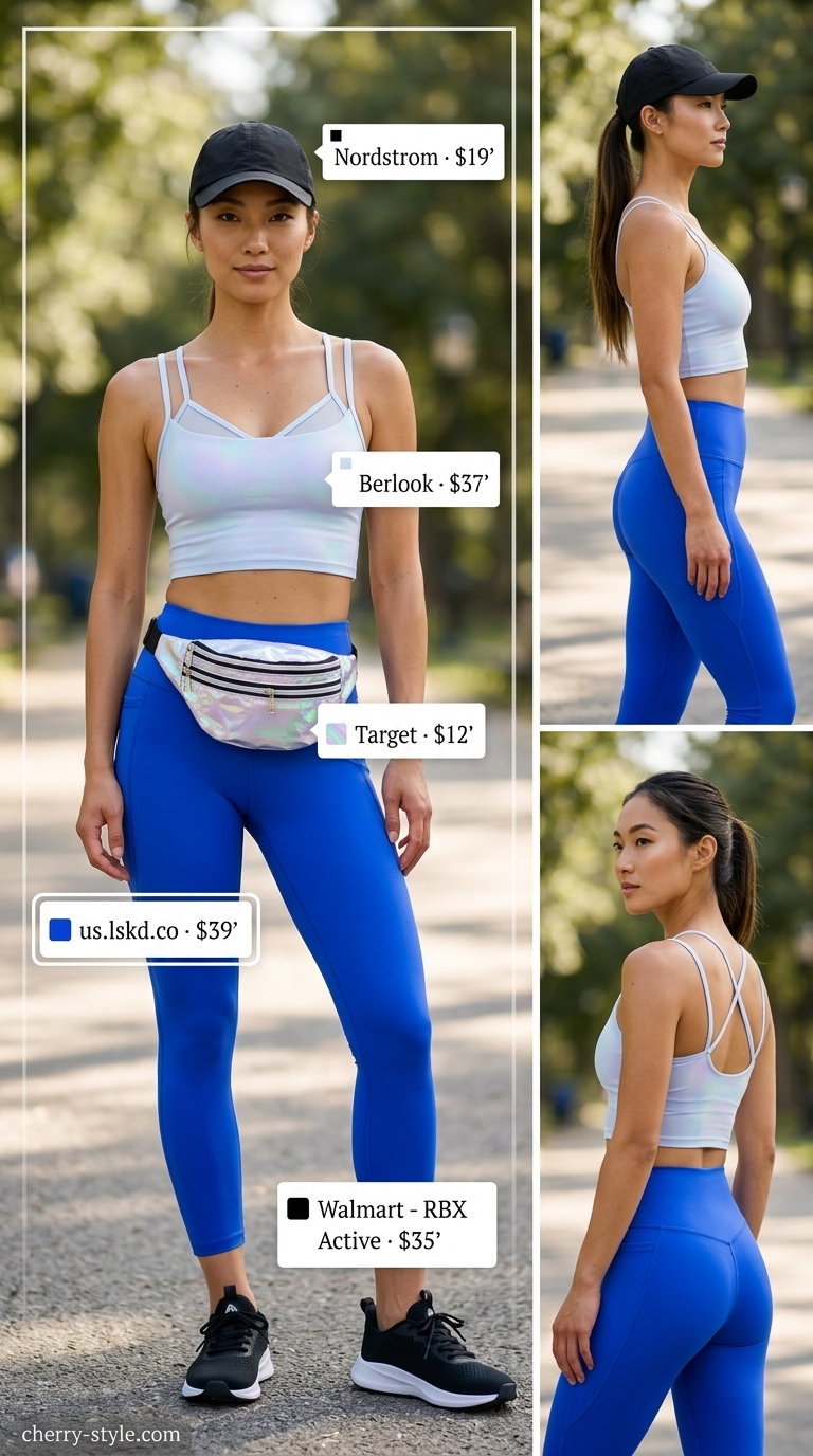 Electric blue matching set activewear for women 2026: mesh crop top, leggings, belt bag, trainers for festival.