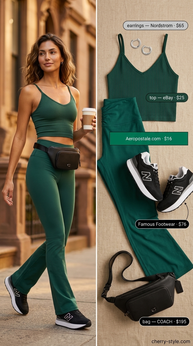 Green matching set activewear for women 2026: flare leggings & ribbed crop tank.