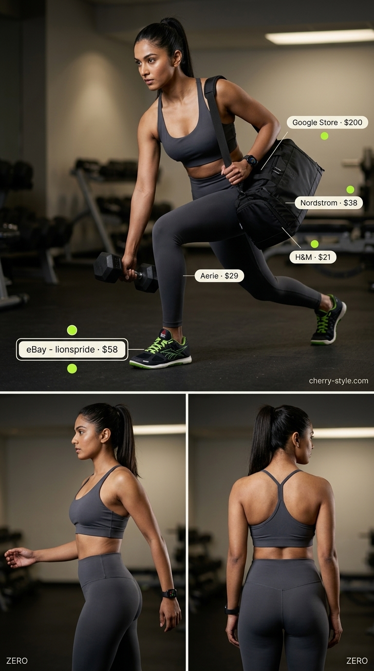 Charcoal gray matching set activewear for women 2026: sports bra, squat-proof leggings, cross-training shoes.