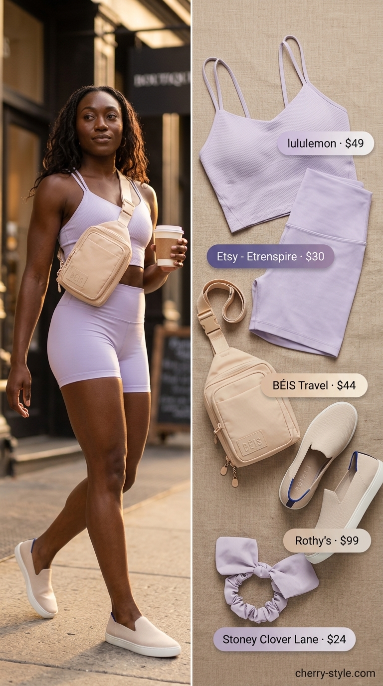 Lavender matching set activewear for women 2026: seamless biker shorts & scoop neck bra for yoga.