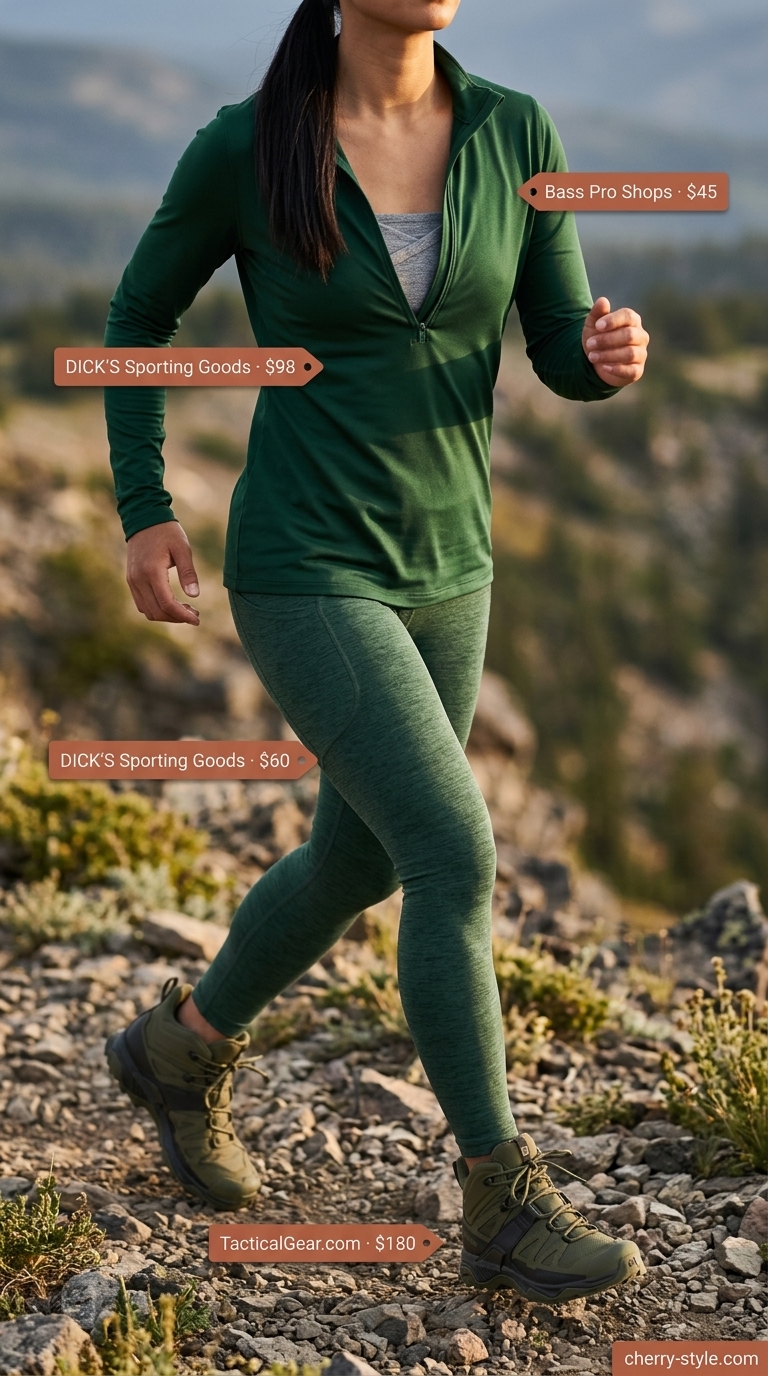 Forest green matching set activewear for women 2026: performance top, hiking leggings, hiking boots.