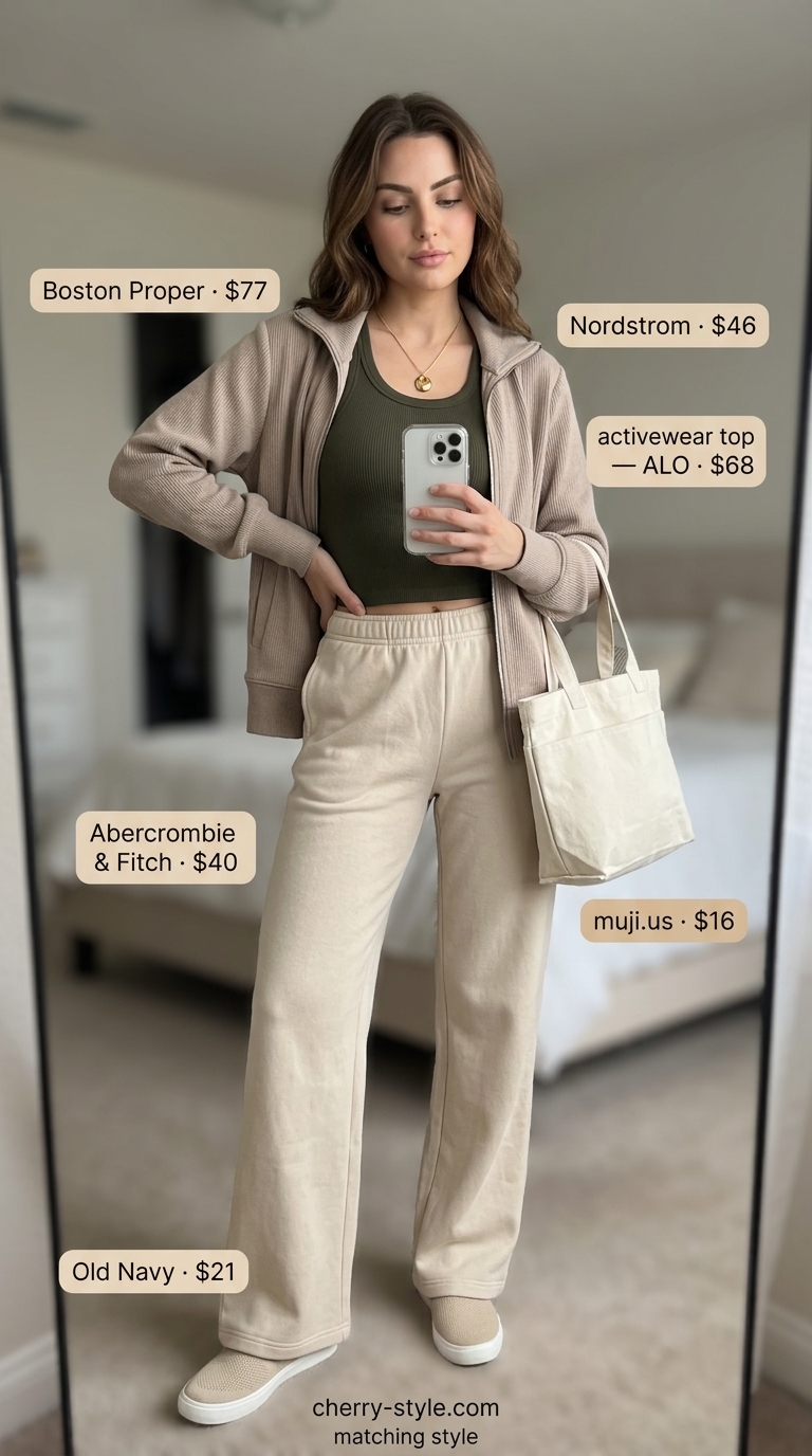 Olive matching set activewear for women 2026: wide-leg pants & ribbed crop tank.