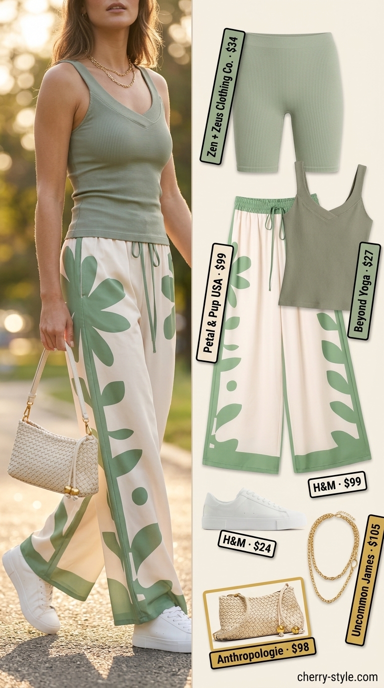 Sage green matching set activewear for women 2026: crop tank, biker shorts, fashion sneakers for errands.