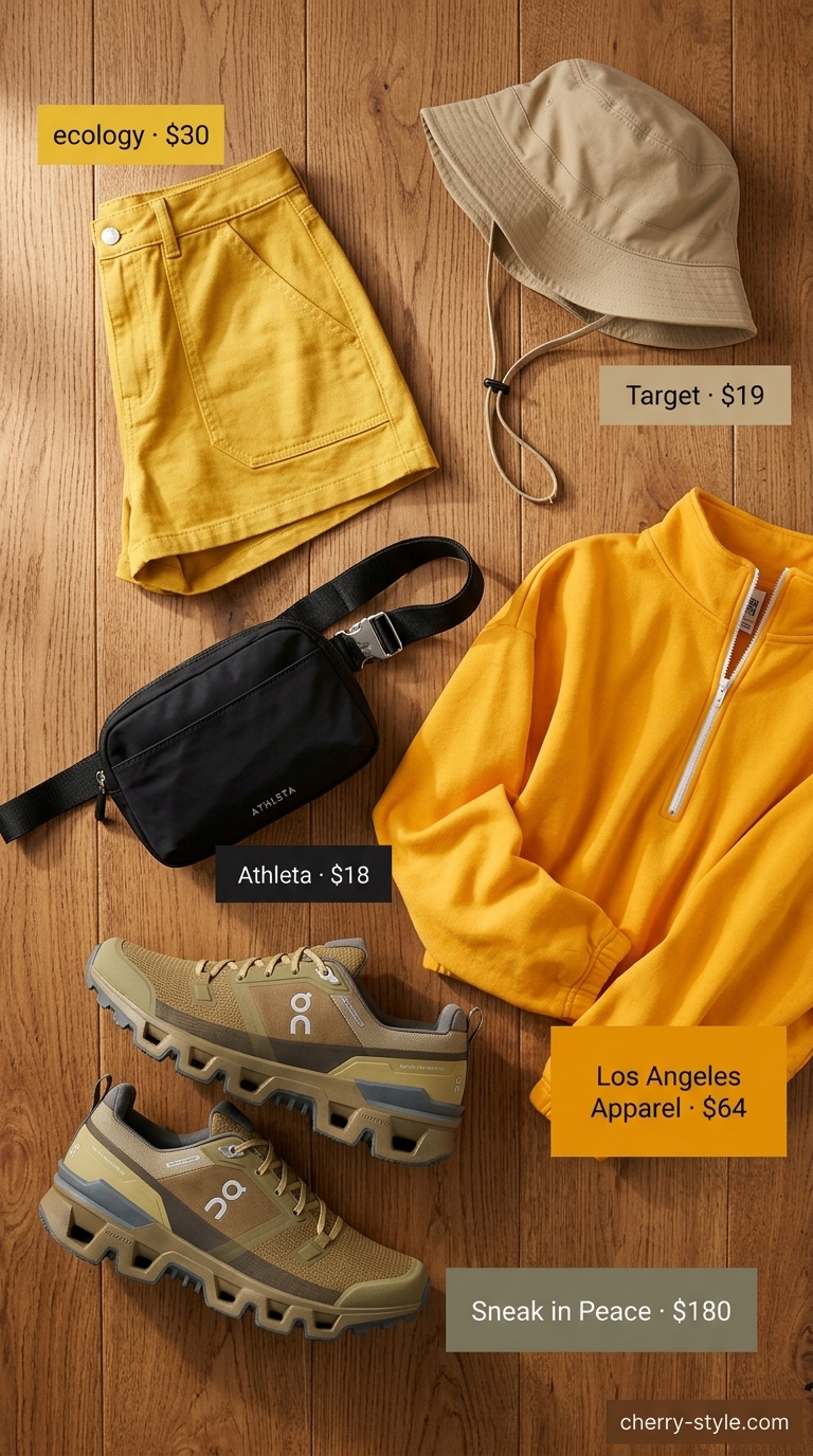 Yellow matching set activewear for women 2026: half-zip pullover & utility shorts.
