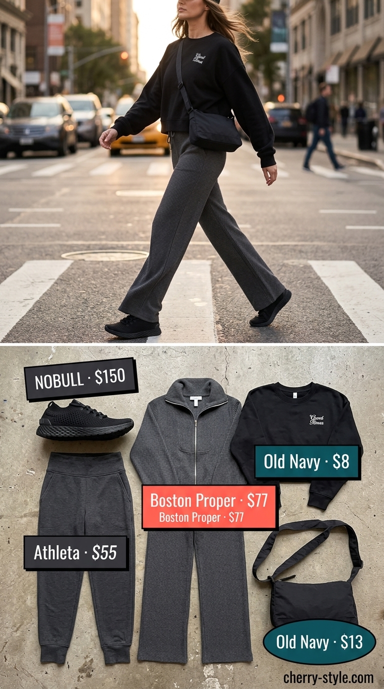 Charcoal grey matching set activewear for women 2026: joggers, cropped sweatshirt for travel or casual days.