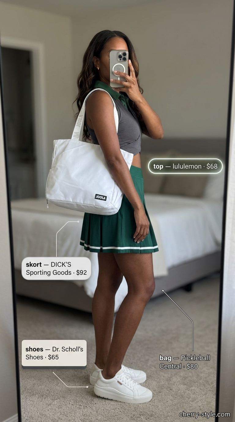 Forest green matching set activewear for women 2026: skort, polo shirt for tennis or golf.