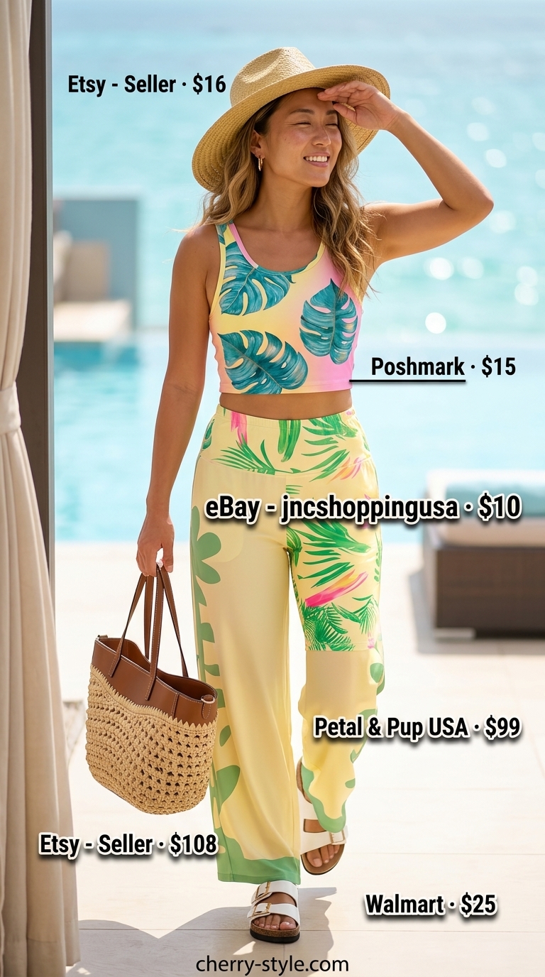 Tropical print matching set activewear for women 2026: shorts, crop tank for resort wear.