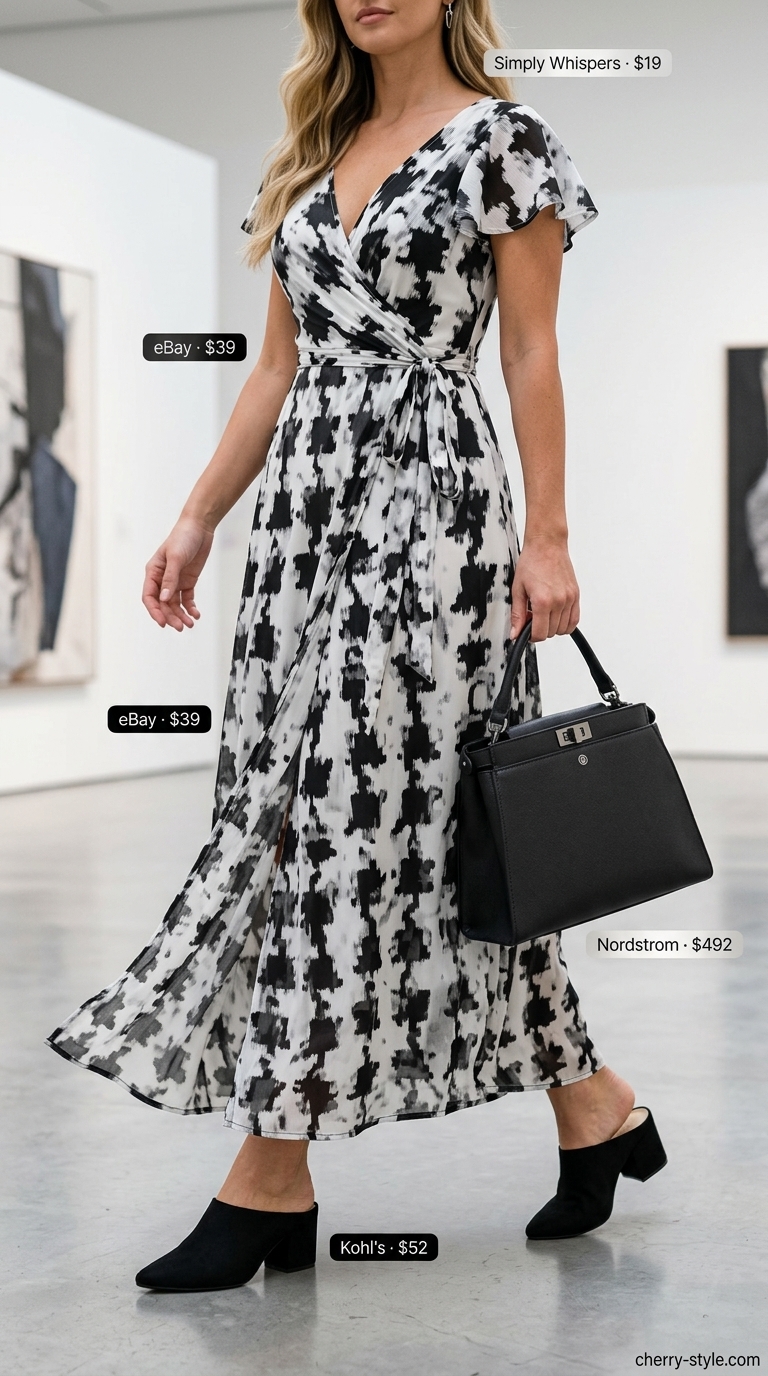 Black and white abstract print maxi dress for summer maxi dresses 2026, with mules and shoulder bag.