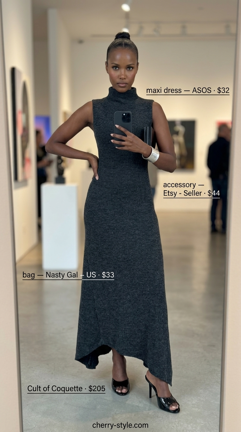 Charcoal grey knit summer maxi dresses 2026 for art gallery openings and events.