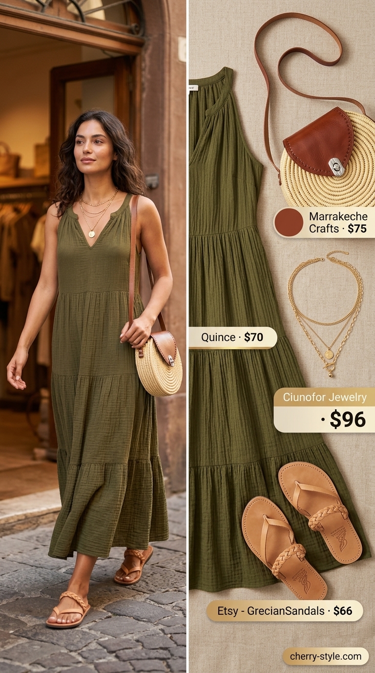 Bohemian summer maxi dresses 2026 in olive green with straw accessories for an evening out.