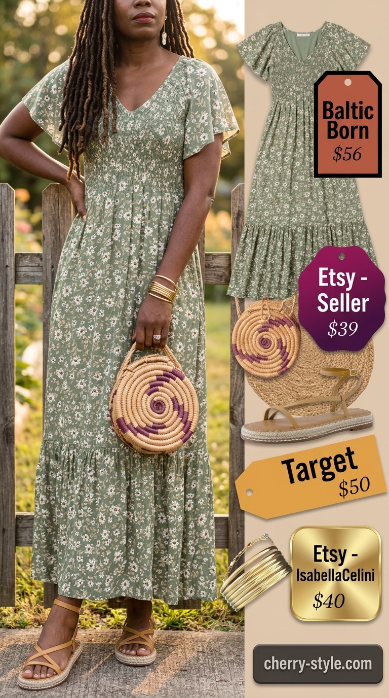Boho Sunset Soirée summer maxi dresses 2026: rust floral dress, straw bag, espadrilles.