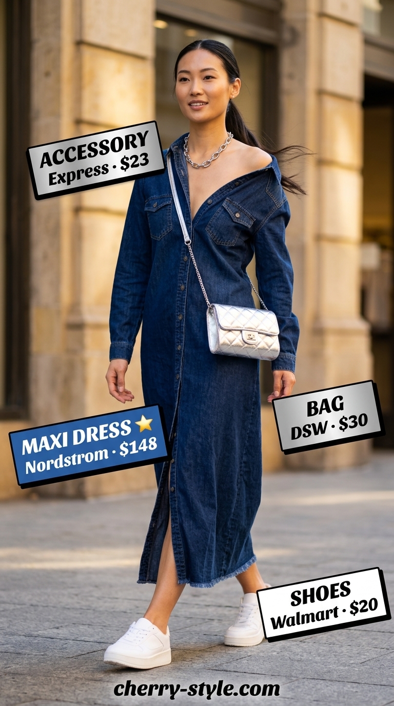City Explorer Chic summer maxi dresses 2026: light wash denim shirt dress, silver crossbody, platform sneakers.