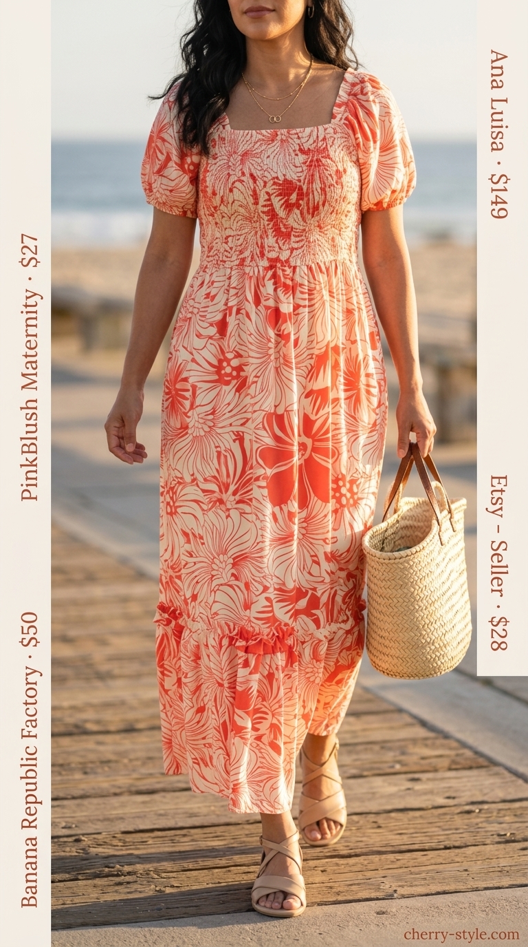 Coral floral maxi dress for summer maxi dresses 2026, with straw tote and layered necklaces.