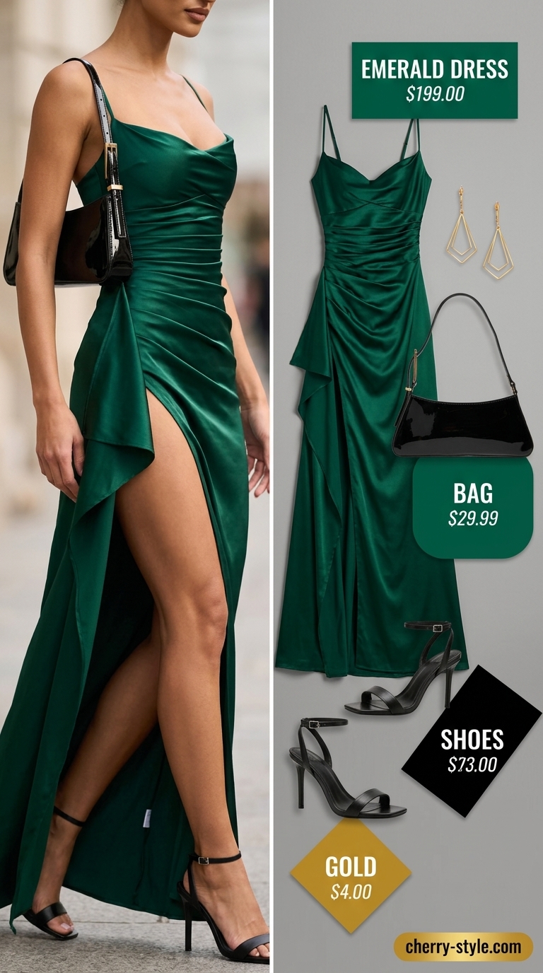 Emerald City Evening summer maxi dresses 2026: emerald green satin slip dress, black clutch, heeled sandals.