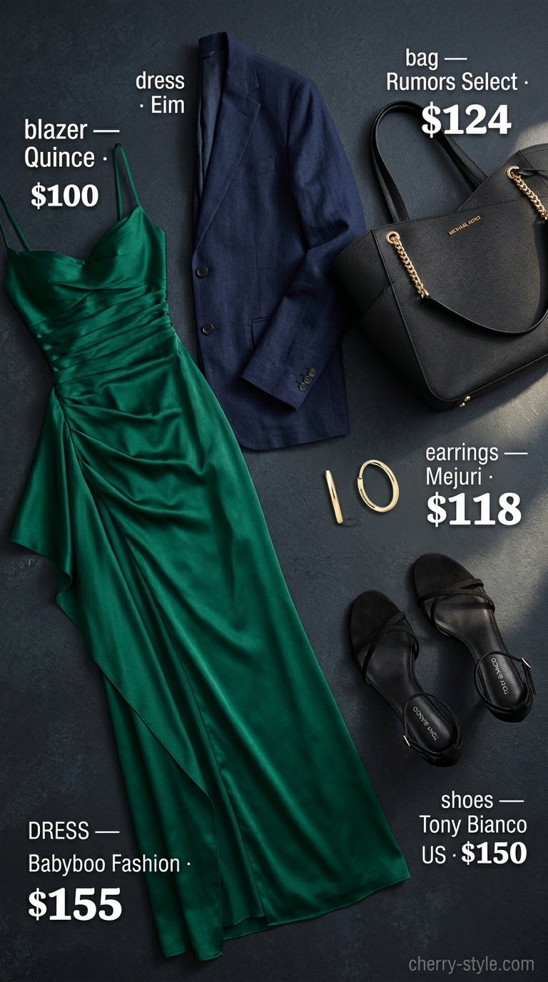 Emerald green maxi dress for summer maxi dresses 2026, with black blazer and gold accessories.