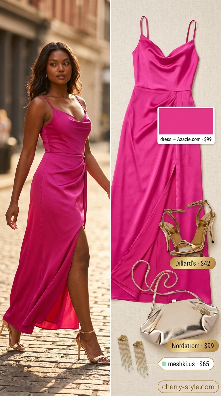 Hot pink satin summer maxi dresses 2026 for glamorous garden parties and events.