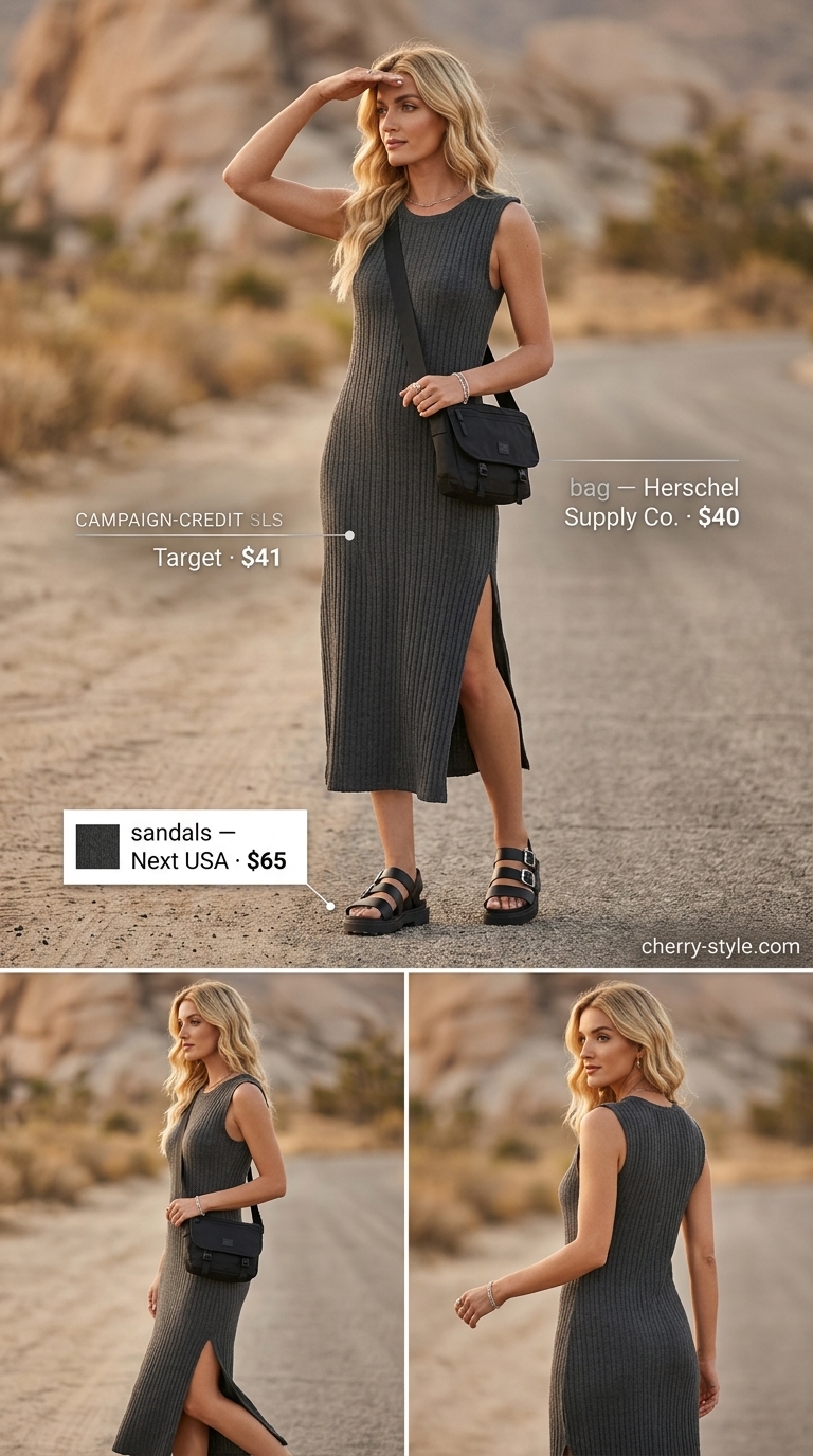 Khaki t-shirt maxi dress for summer maxi dresses 2026, with chunky sandals and crossbody bag.