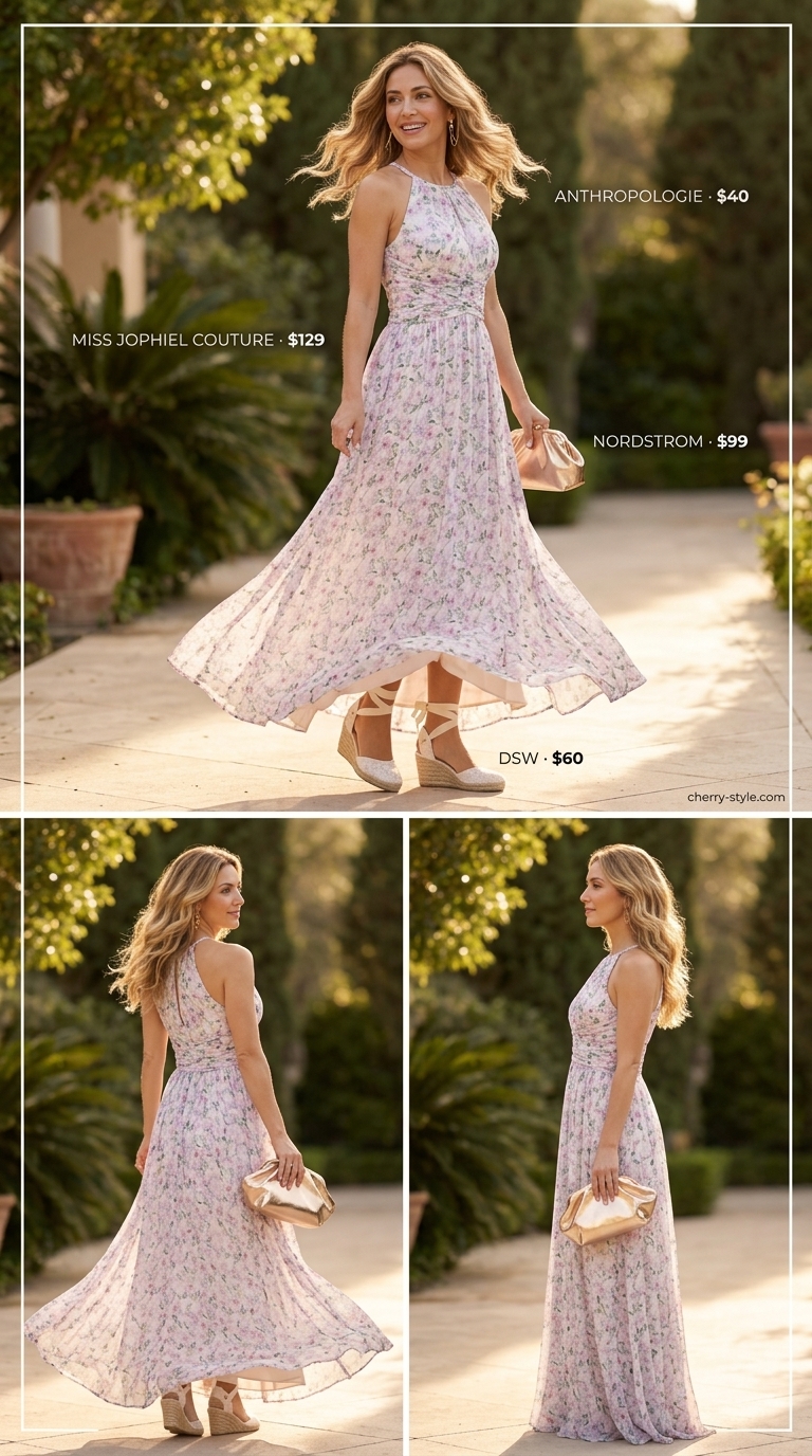 Lavender floral maxi dress for summer maxi dresses 2026, with rattan bag and espadrilles.