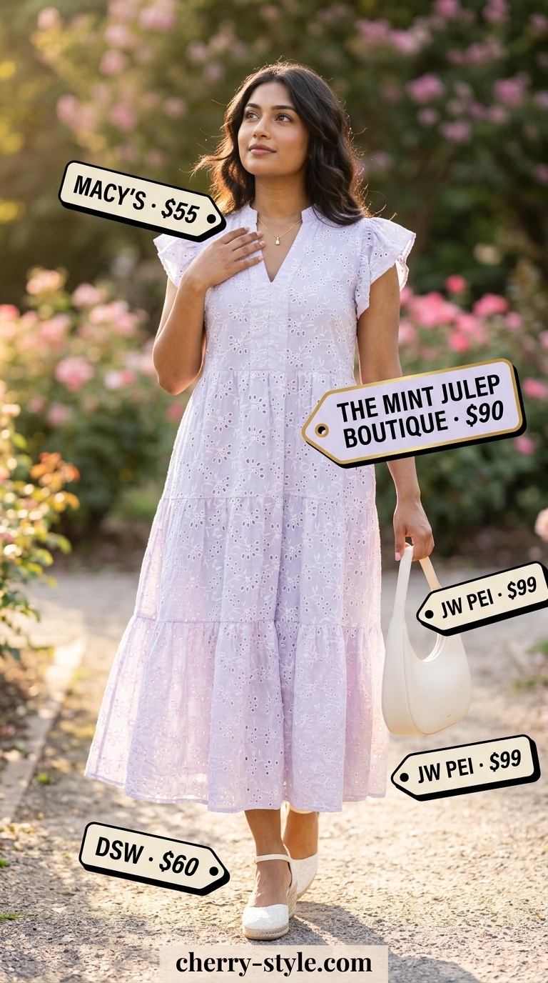 Lavender Garden Whimsy summer maxi dresses 2026: lavender eyelet lace dress, espadrilles, top-handle bag.