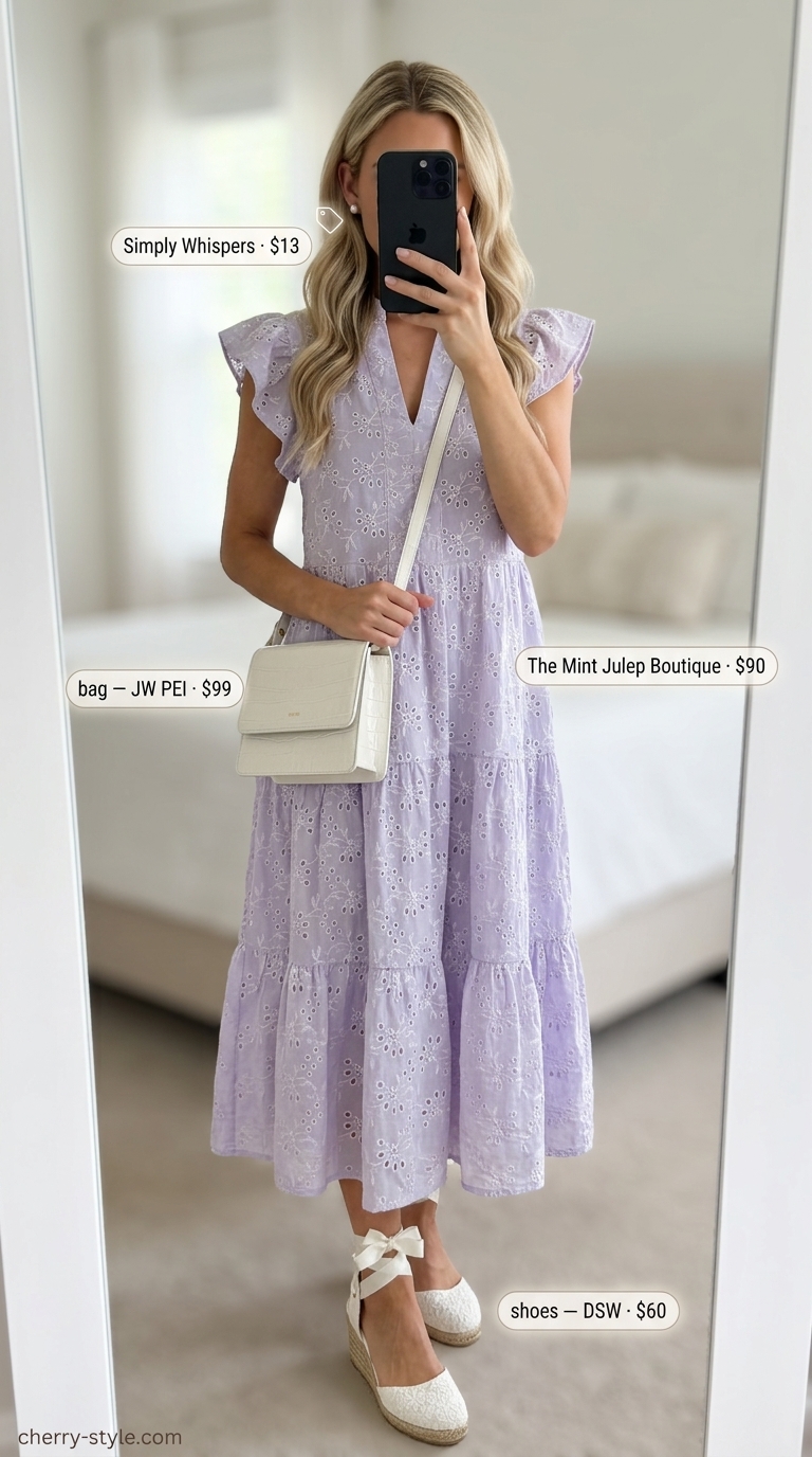 Lavender eyelet maxi dress for summer maxi dresses 2026, with cream bag and pearl earrings.