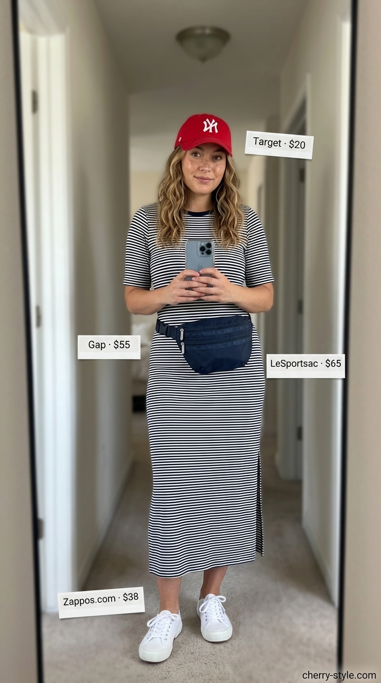 Nautical Boardwalk Adventures summer maxi dresses 2026: navy stripe knit dress, red cap, white sneakers.
