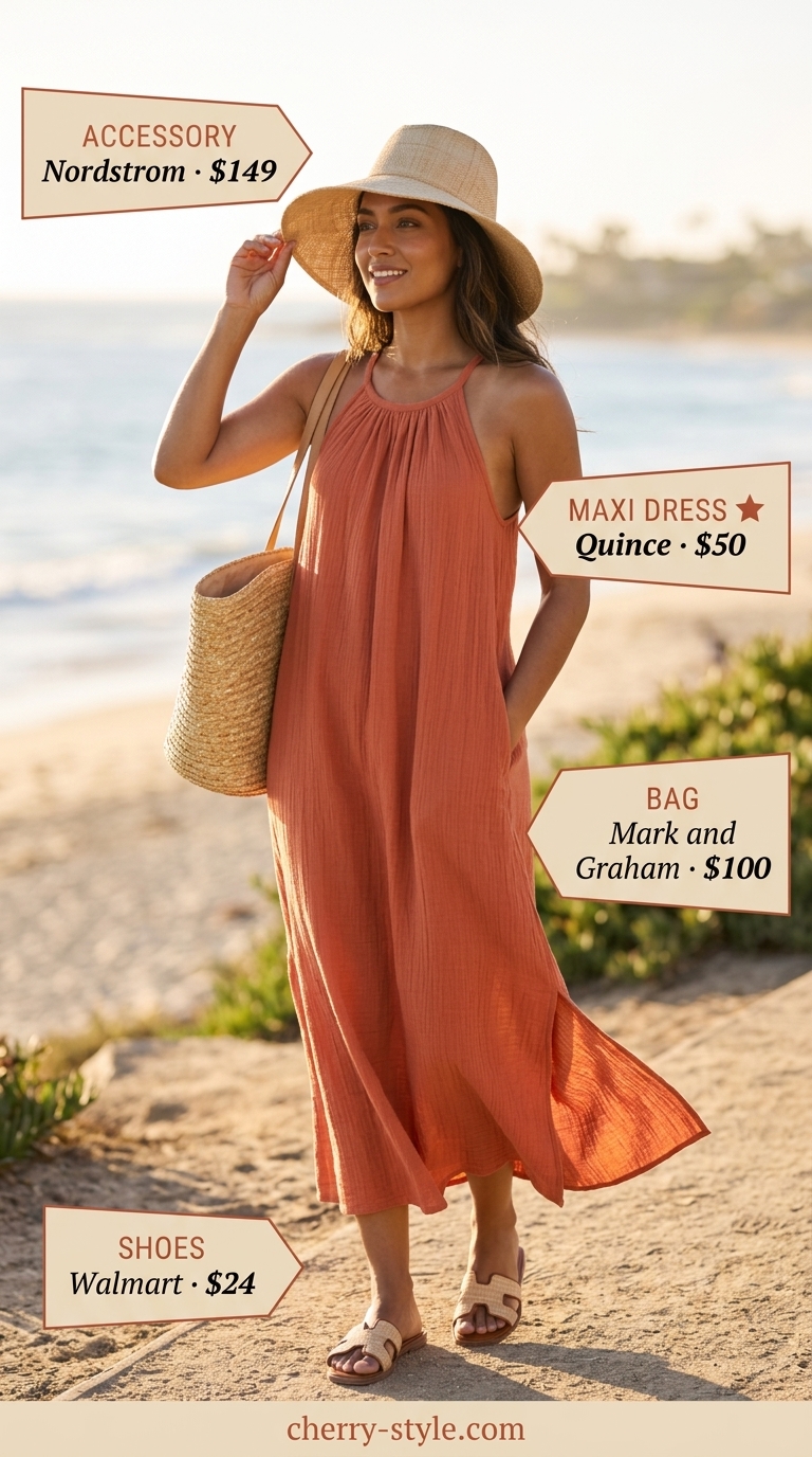 Sun-Kissed Resort Escape summer maxi dresses 2026: terracotta orange gauze dress, straw tote, wide-brim hat.