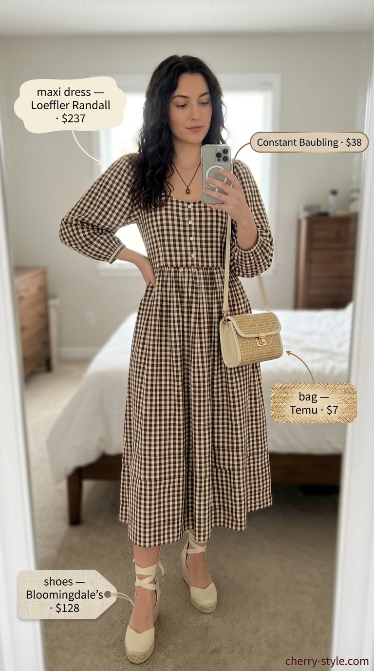 Brown gingham print summer maxi dresses 2026 for rustic farm dinners.