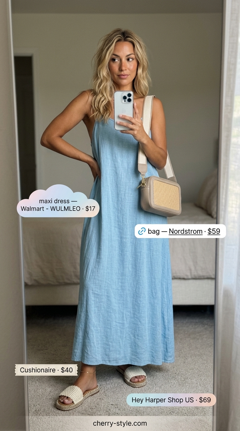 Sky blue linen maxi dress for summer maxi dresses 2026, with woven bag and espadrille slides.