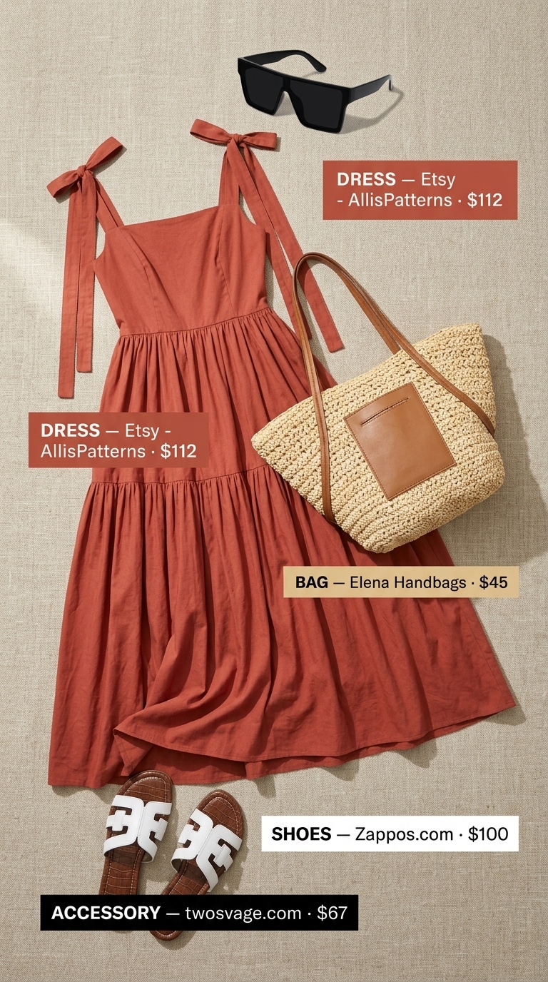 Terracotta crinkle cotton maxi dress for summer maxi dresses 2026, with woven tote and gold jewelry.