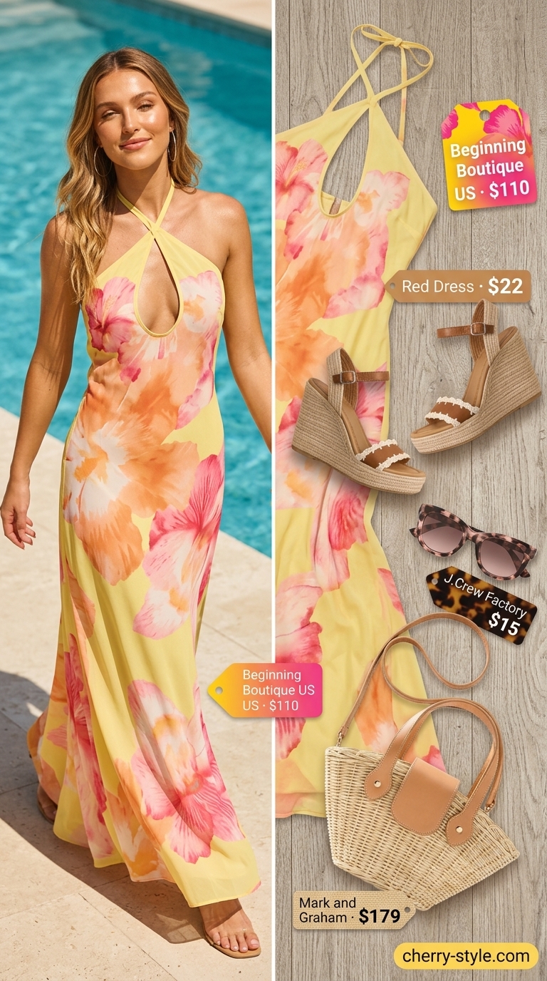 Yellow and orange print summer maxi dresses 2026 for beach vacation and poolside.