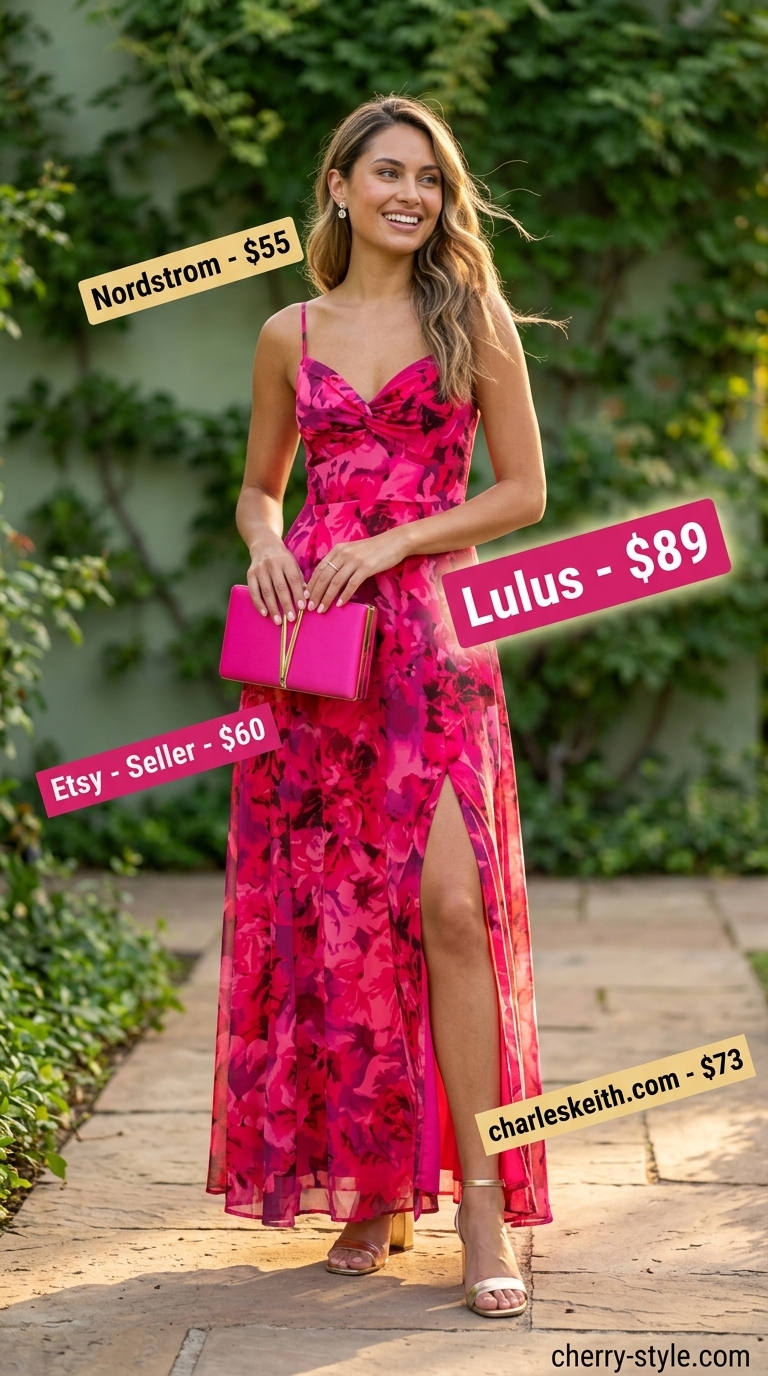 Tropical Garden Gala summer maxi dresses 2026: hot pink floral A-line dress, metallic sandals, clutch.