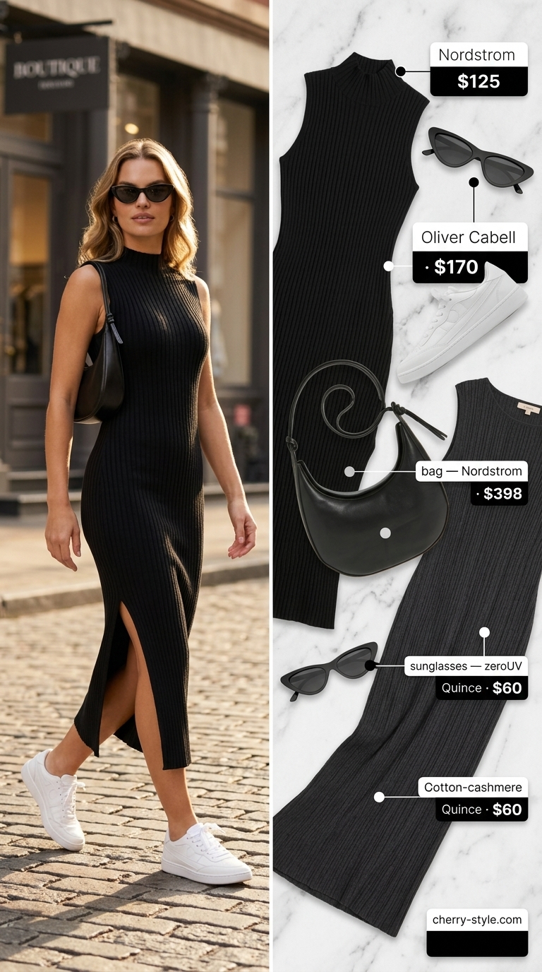 Minimalist black summer maxi dresses 2026 with white sneakers for city sightseeing.