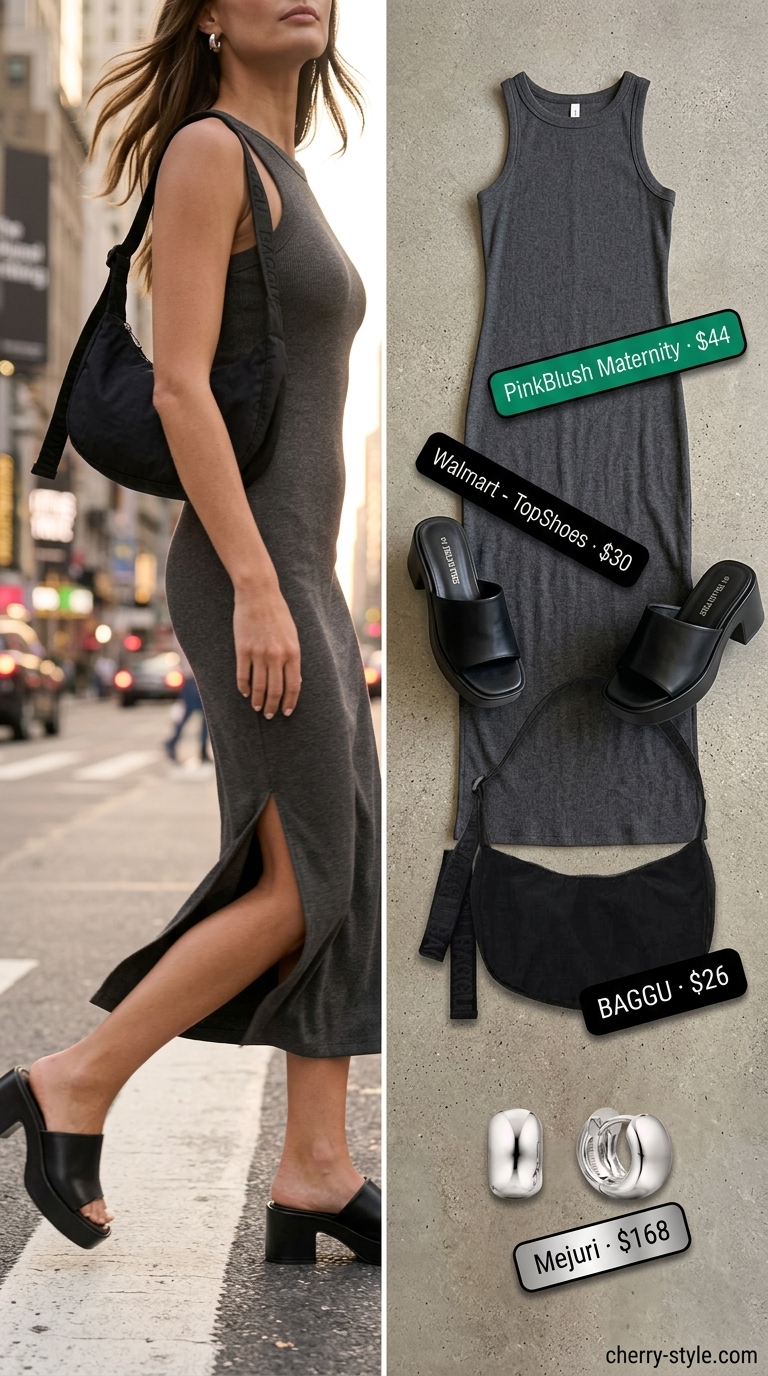 Urban Edge Minimalist summer maxi dresses 2026: charcoal gray ribbed knit tank dress, black platform slides, silver hoops.