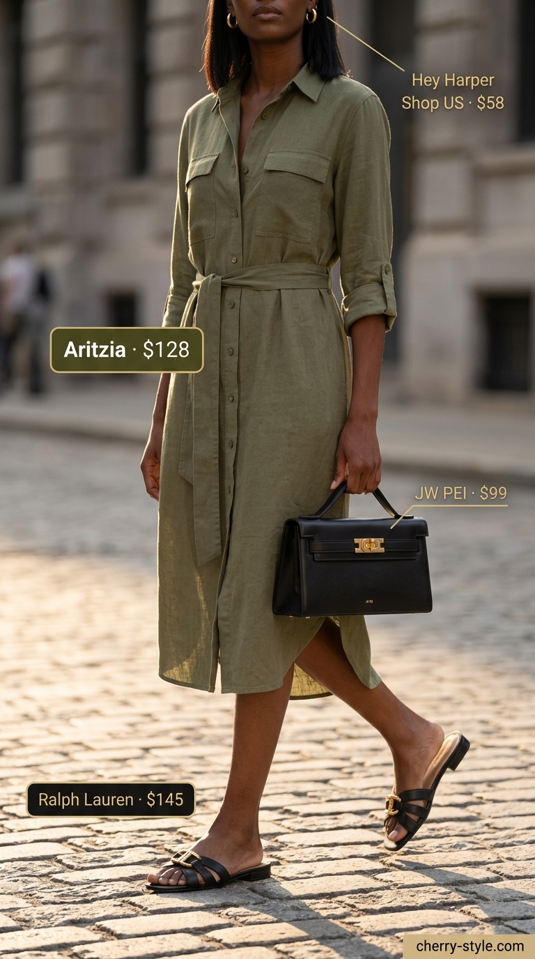 Urban Safari Chic summer maxi dresses 2026: olive green utility dress, black slides, structured bag.