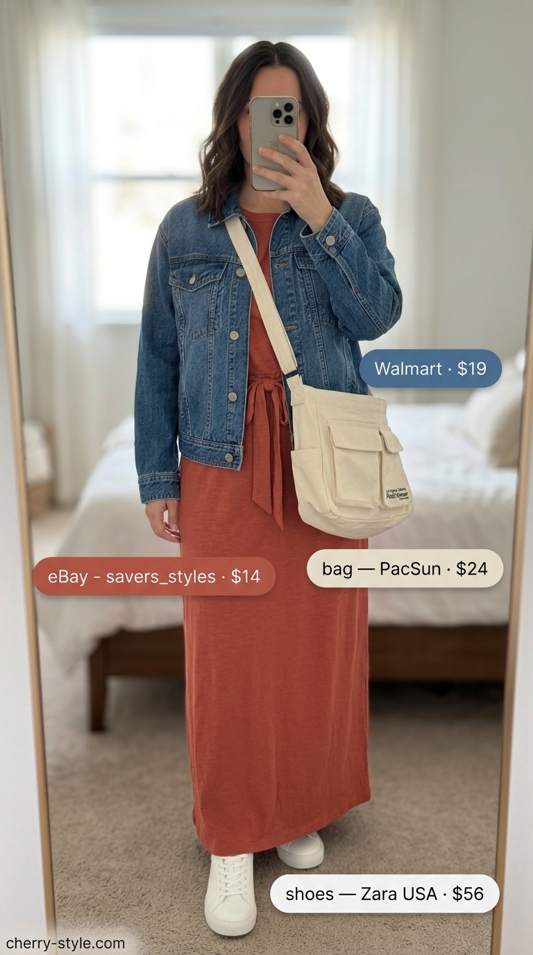 Weekend Market Explorer summer maxi dresses 2026: terracotta t-shirt dress, denim jacket, white sneakers.