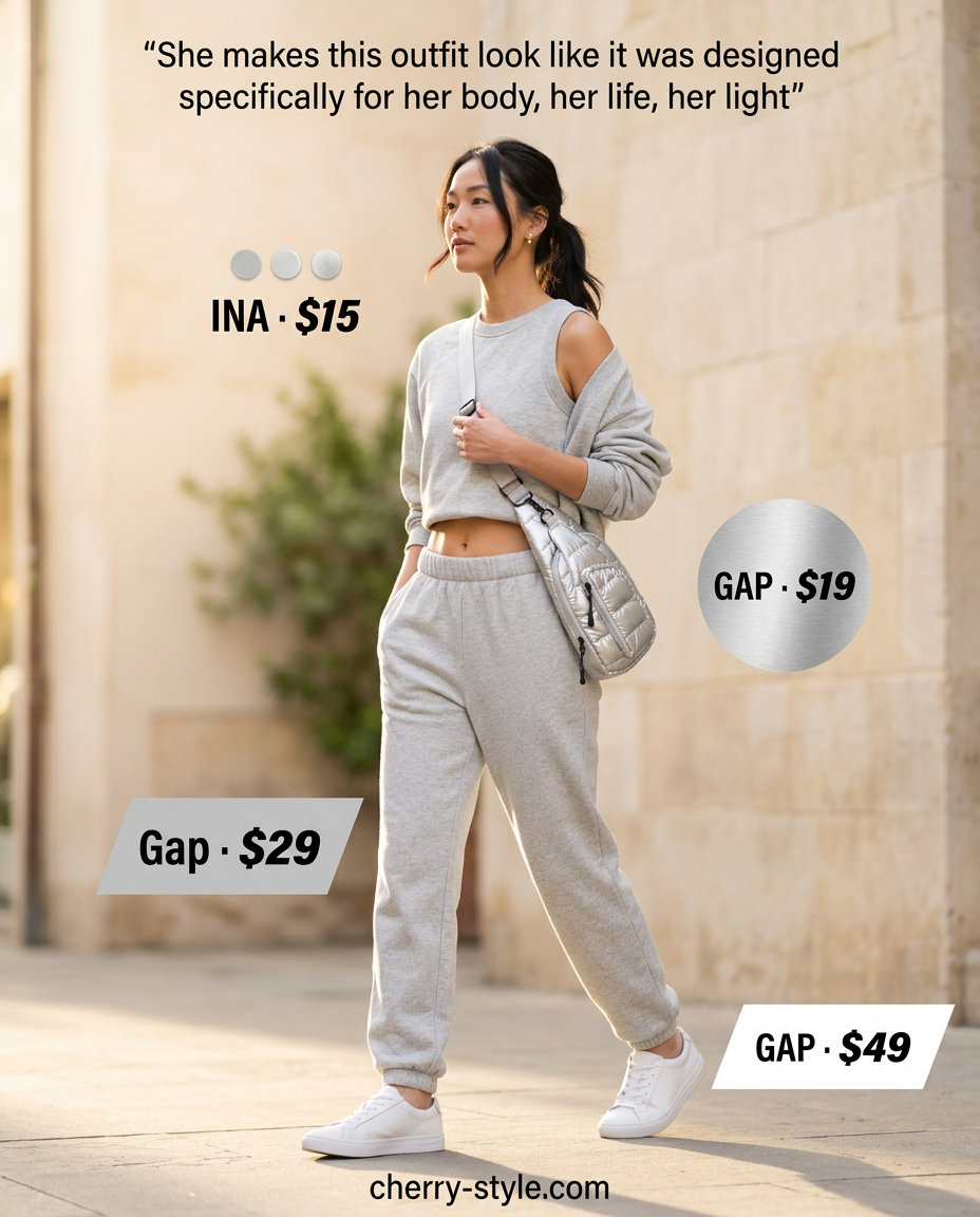Athleisure comfort set for women 2026: grey joggers, hoodie, sneakers, silver earrings.