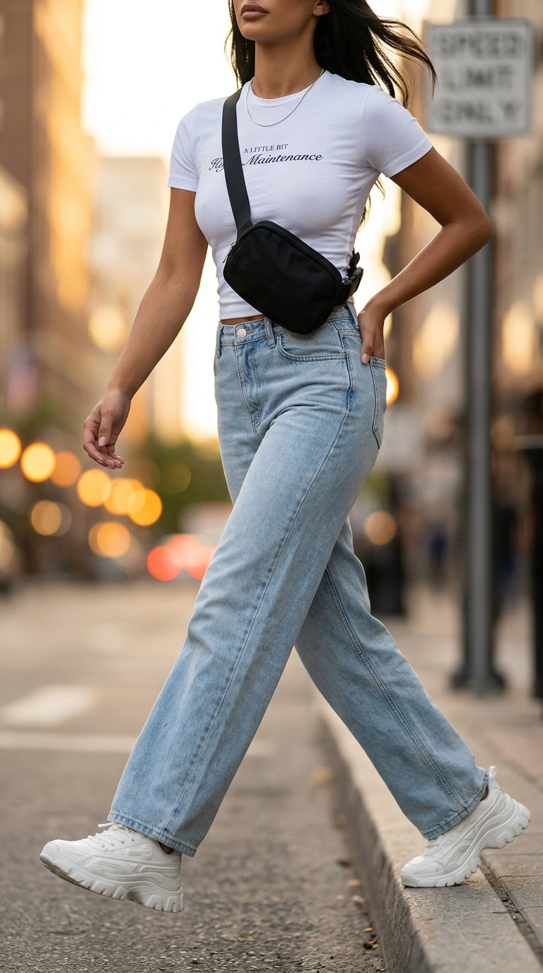 Casual cargo pants outfit for women 2026: Khaki cargo pants, white graphic tee, chunky sneakers, silver necklace.