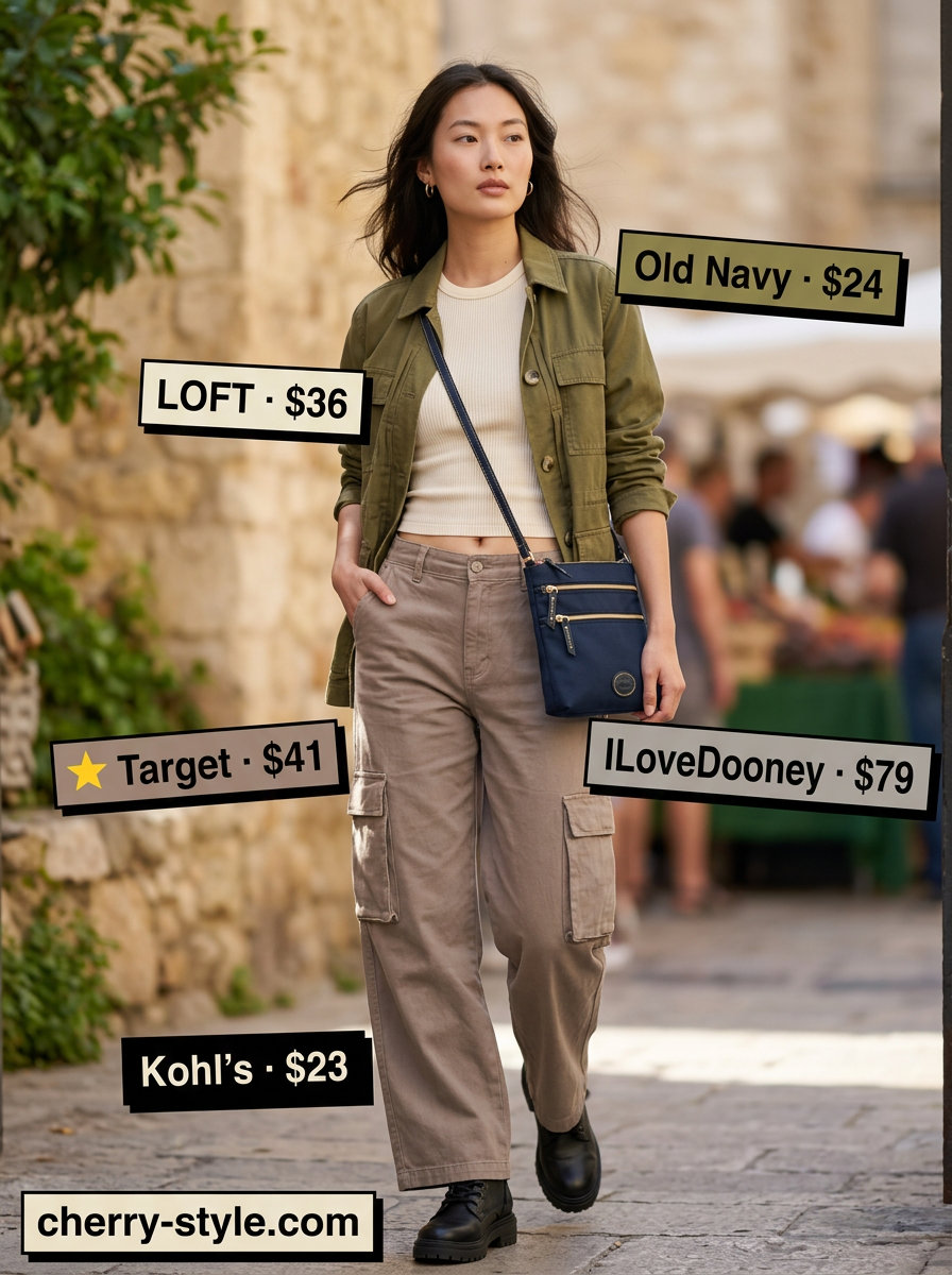 Safari chic cargo pants outfit for women 2026: taupe pants, cream tank, olive jacket, combat boots.