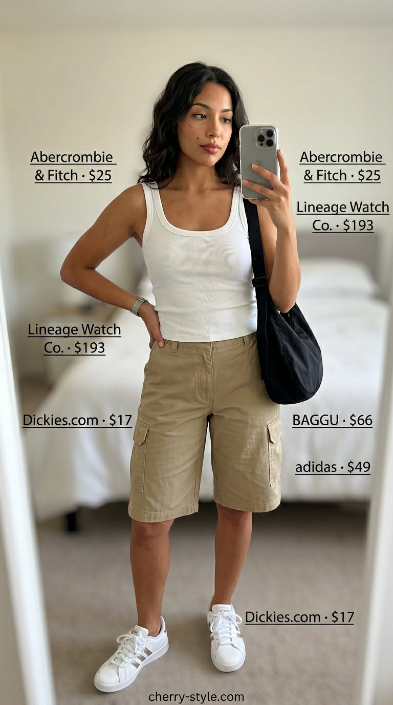 City explorer cargo shorts outfit for women 2026: khaki shorts, white tank, sneakers, black bag.