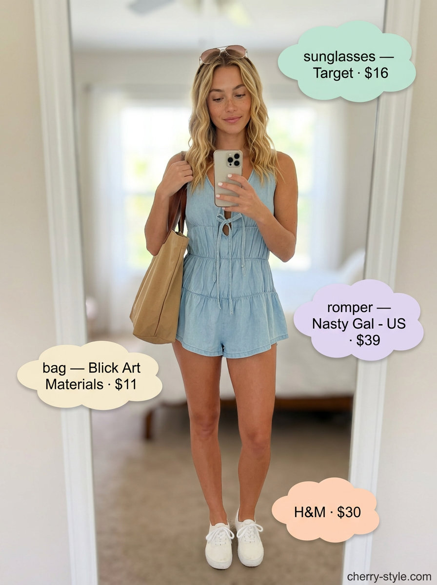 Effortless Summer Romper: Light blue chambray romper, white sneakers, canvas tote, aviator sunglasses.