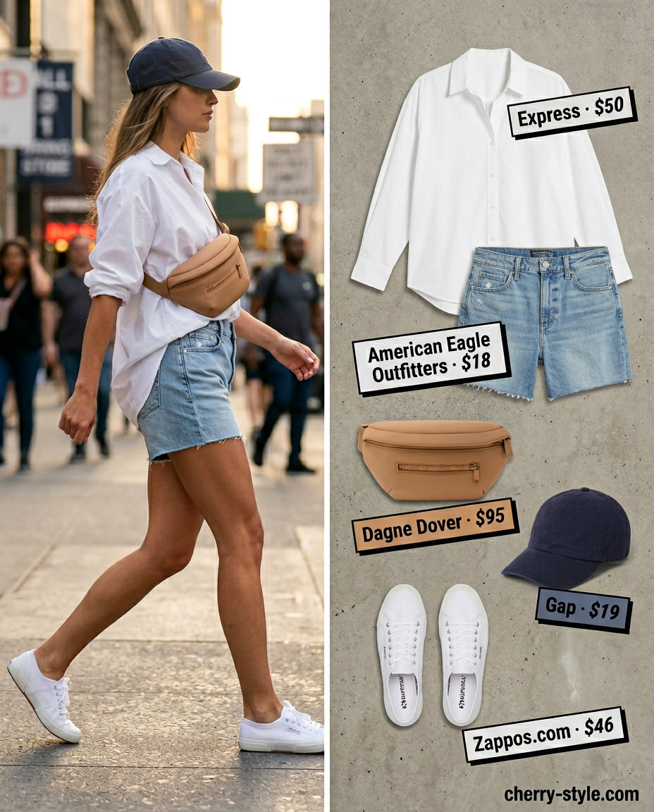 City Explorer Shorts outfit: Denim shorts, white oversized shirt, sneakers, cap, belt bag for daytime.