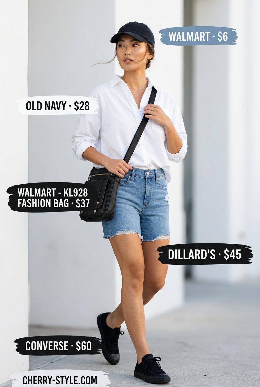 Urban explorer denim shorts outfit for women 2026: Denim shorts, oversized white shirt, sneakers, baseball cap.