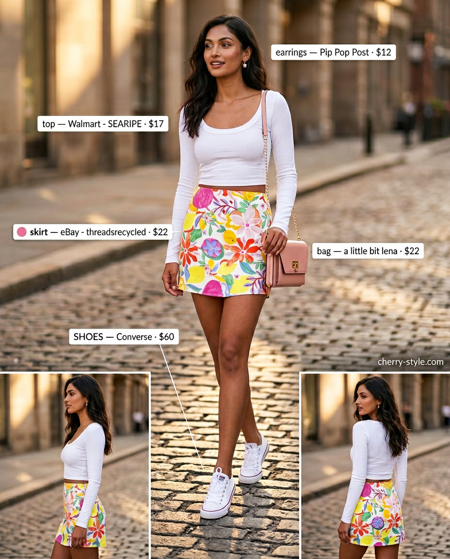 Playful floral mini skirt outfit for women 2026: white crop top, pink bag, sneakers. Perfect for casual days.